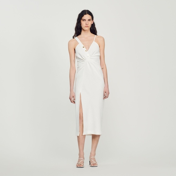 SANDRO  Piqué Midi Dress - Off-White - Picture 2 of 7
